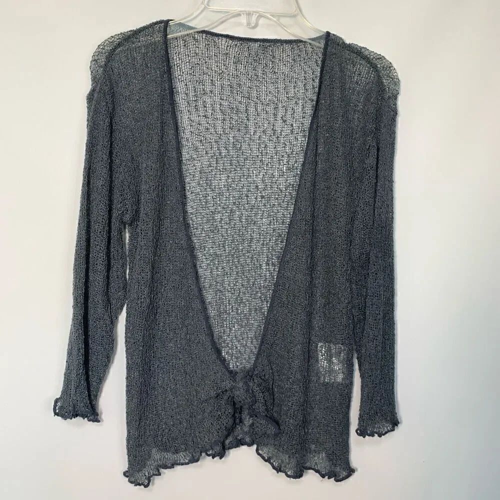 Women's Lettuce Trim Long Sleeve Tie Front Sheer Swimsuit Cover Up GrayβOSFM